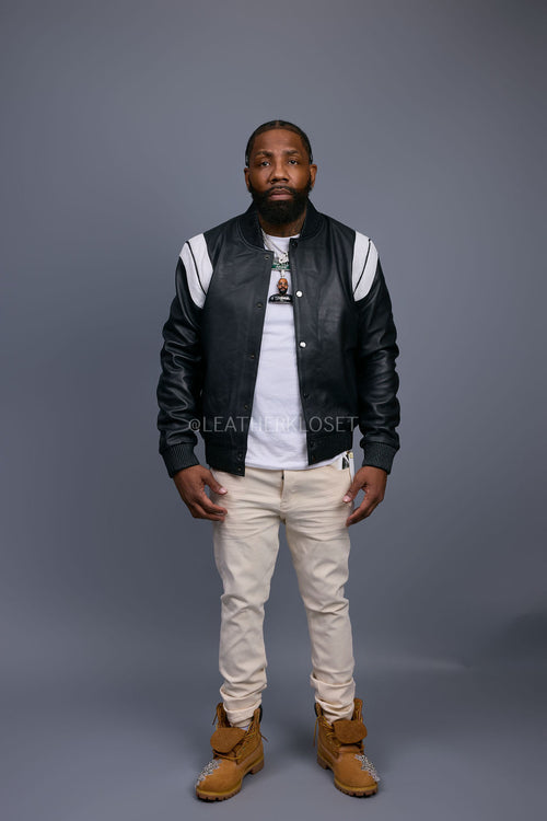 Men's Liam All-Leather Varsity Jacket [Black/White]