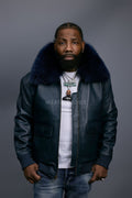 Men's Leather Pilot Aviator Bomber Jacket With Fox Collar [Navy]