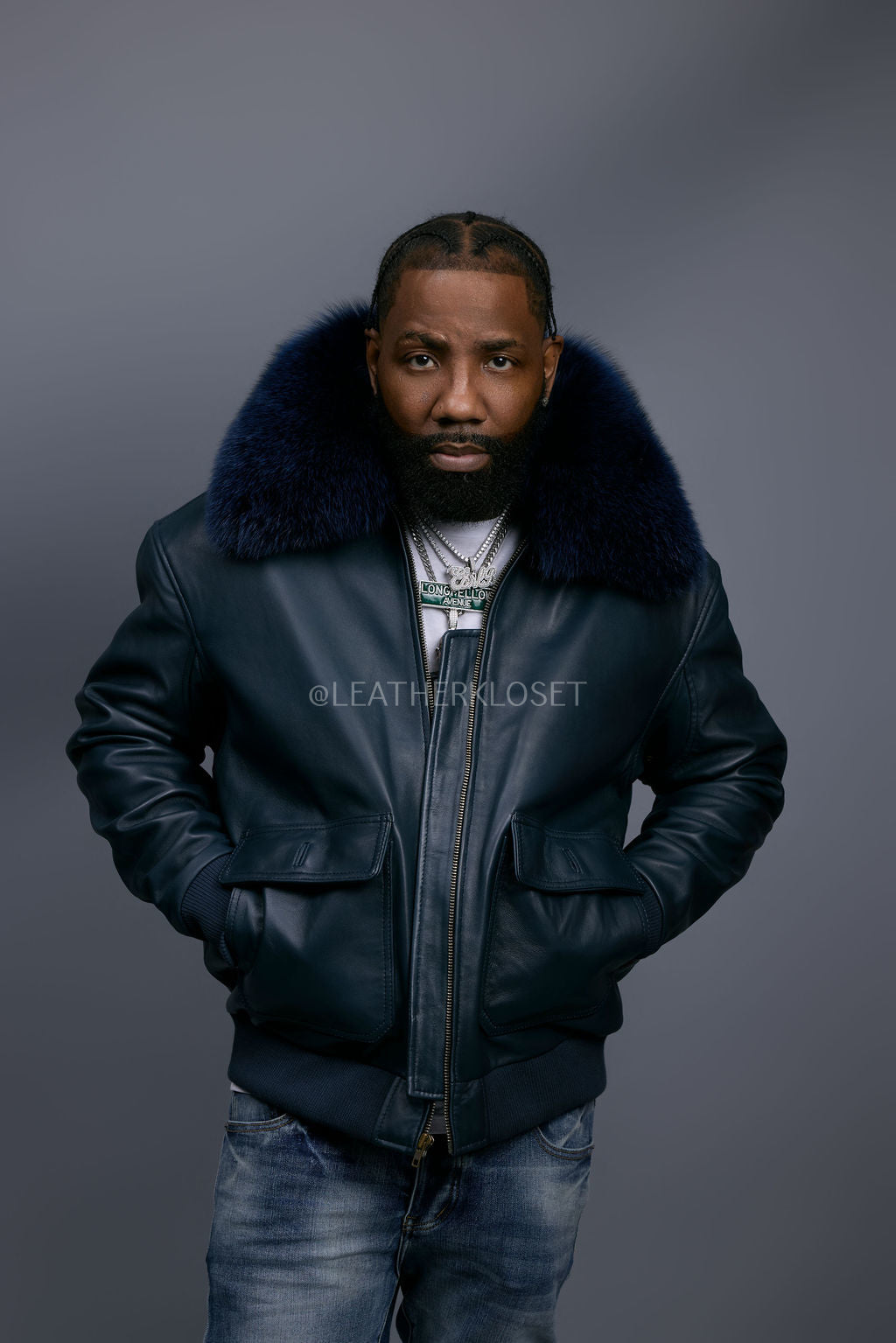Men's Leather Pilot Aviator Bomber Jacket With Fox Collar [Navy]