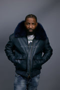 Men's Leather Pilot Aviator Bomber Jacket With Fox Collar [Navy]