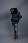 Men's Leather Pilot Aviator Bomber Jacket With Fox Collar [Navy]
