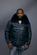 Men's Leather Pilot Aviator Bomber Jacket With Fox Collar [Navy]