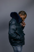 Men's Leather Pilot Aviator Bomber Jacket With Fox Collar [Navy]