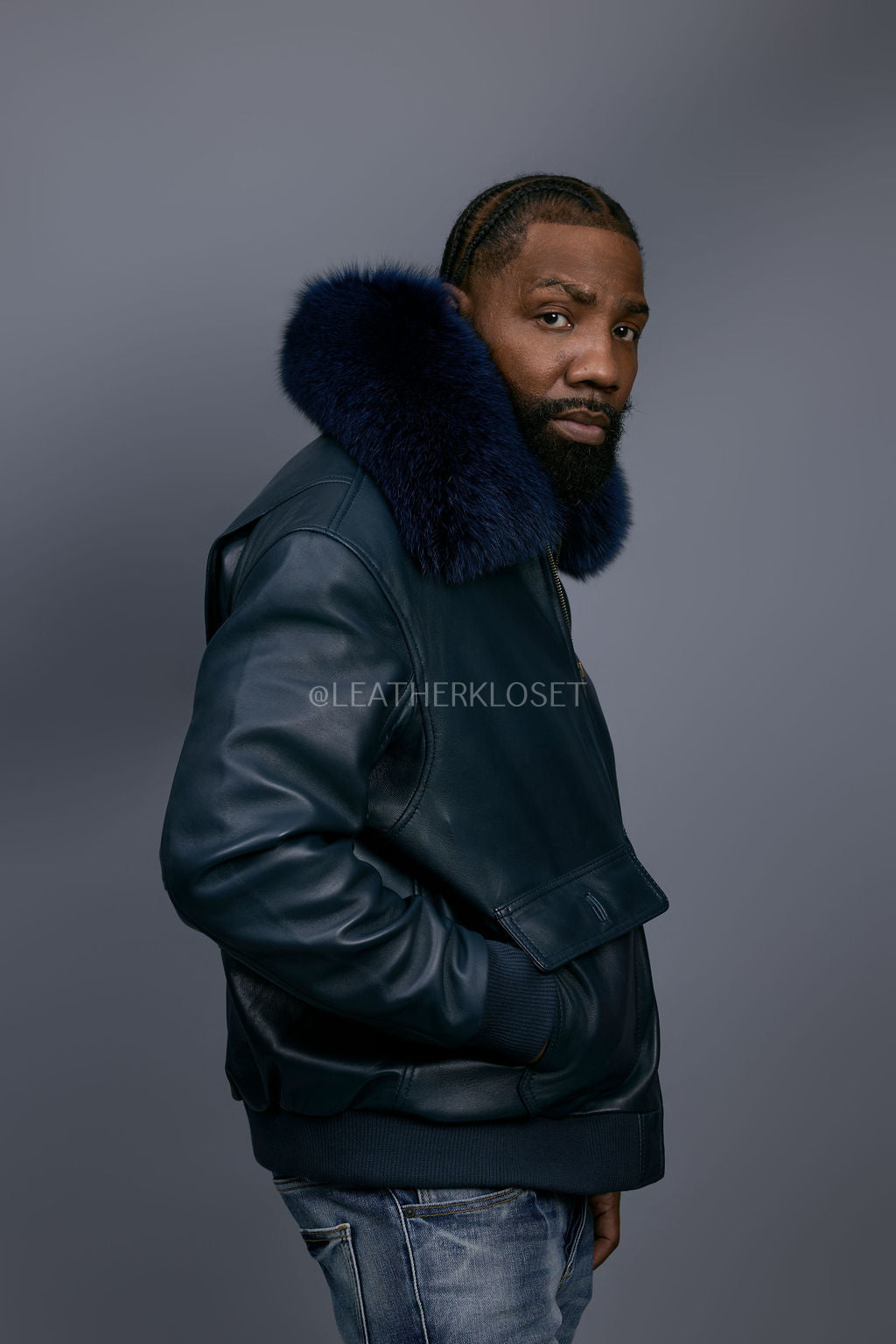 Men's Leather Pilot Aviator Bomber Jacket With Fox Collar [Navy]