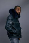 Men's Leather Pilot Aviator Bomber Jacket With Fox Collar [Navy]