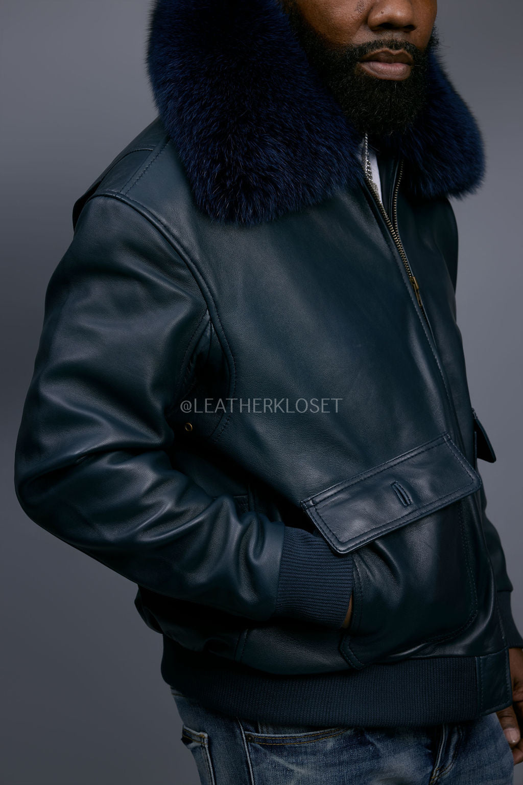 Men's Leather Pilot Aviator Bomber Jacket With Fox Collar [Navy]