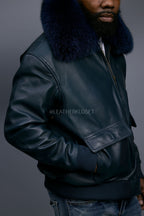 Men's Leather Pilot Aviator Bomber Jacket With Fox Collar [Navy]