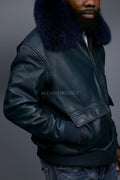 Men's Leather Pilot Aviator Bomber Jacket With Fox Collar [Navy]