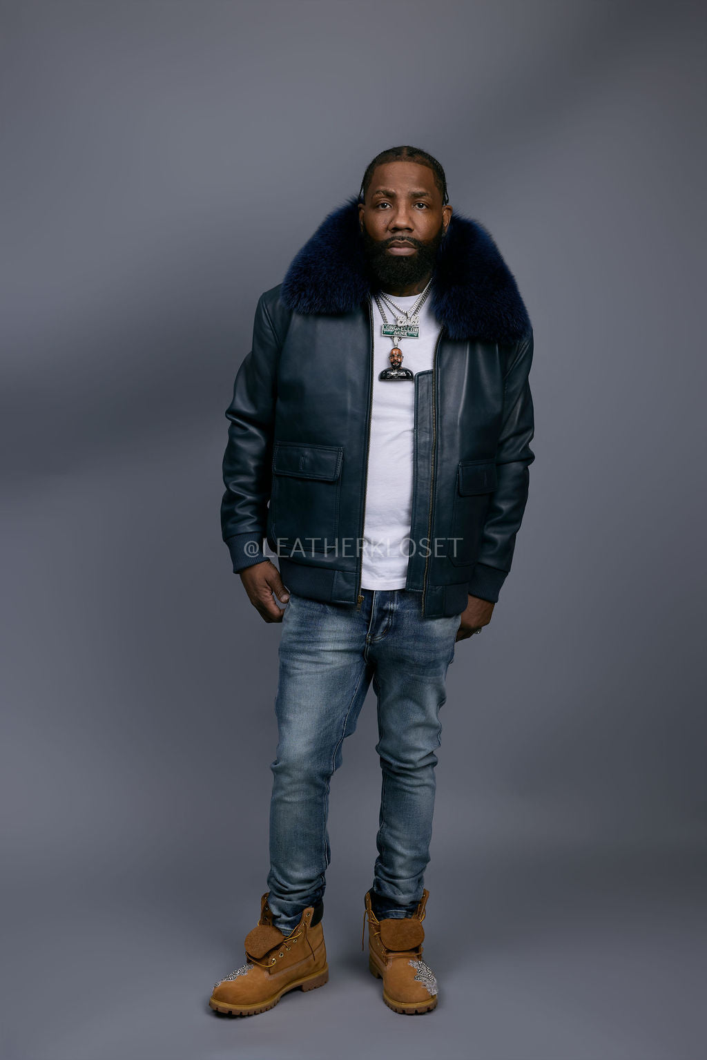 Men's Leather Pilot Aviator Bomber Jacket With Fox Collar [Navy]