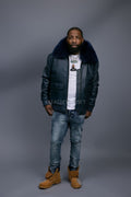 Men's Leather Pilot Aviator Bomber Jacket With Fox Collar [Navy]