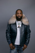 Men's Leather Pilot Aviator Bomber Jacket With Fox Collar [Navy/Crystal]