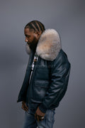 Men's Leather Pilot Aviator Bomber Jacket With Fox Collar [Navy/Crystal]