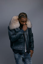 Men's Leather Pilot Aviator Bomber Jacket With Fox Collar [Navy/Crystal]