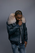 Men's Leather Pilot Aviator Bomber Jacket With Fox Collar [Navy/Crystal]