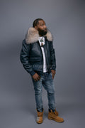 Men's Leather Pilot Aviator Bomber Jacket With Fox Collar [Navy/Crystal]