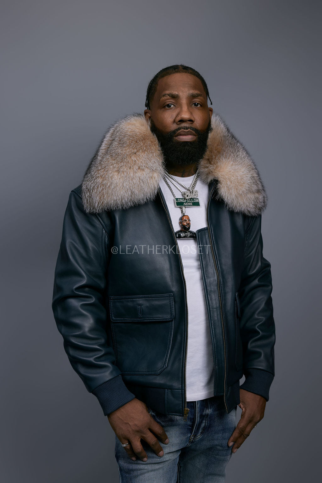 Men's Leather Pilot Aviator Bomber Jacket With Fox Collar [Navy/Crystal]