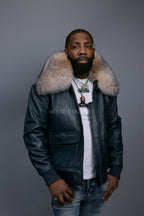 Men's Leather Pilot Aviator Bomber Jacket With Fox Collar [Navy/Crystal]
