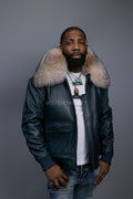 Men's Leather Pilot Aviator Bomber Jacket With Fox Collar [Navy/Crystal]