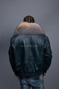 Men's Leather Pilot Aviator Bomber Jacket With Fox Collar [Navy/Crystal]