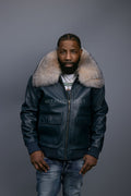 Men's Leather Pilot Aviator Bomber Jacket With Fox Collar [Navy/Crystal]