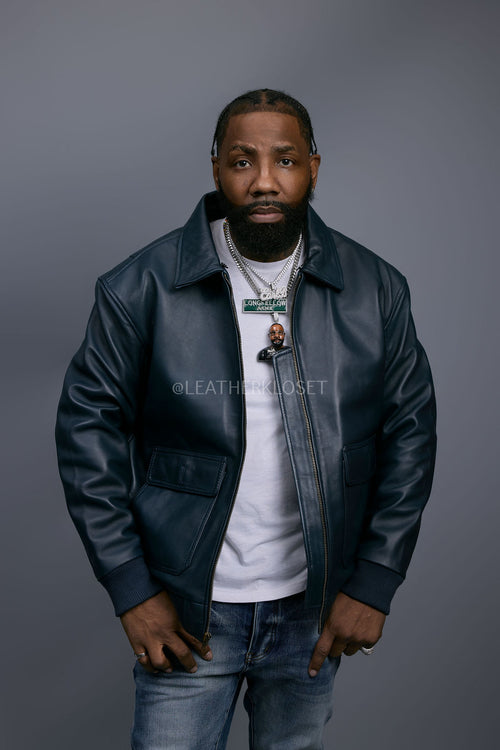 Men's Leather Pilot Aviator Bomber Jacket [Navy]