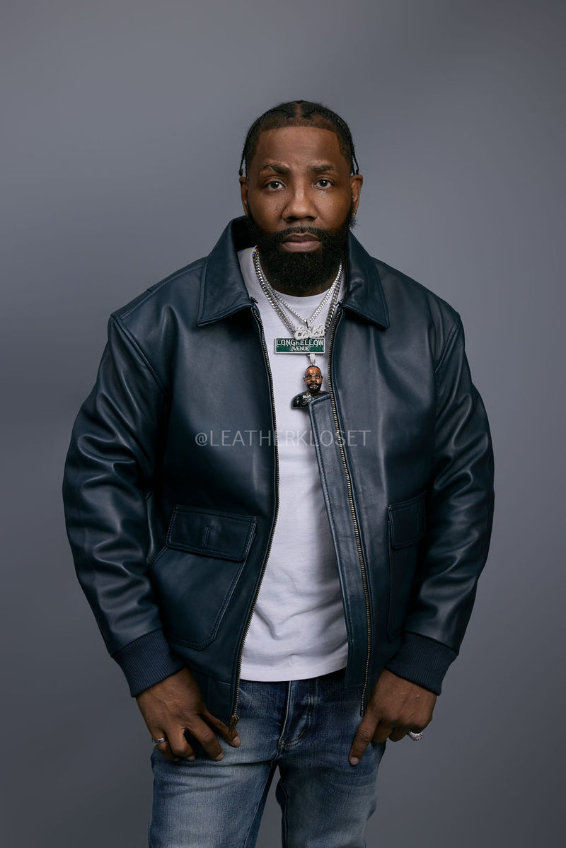 Men's Leather Pilot Aviator Bomber Jacket [Navy]