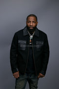 Men's Straight Cut Leather And Wool Jacket [Black]