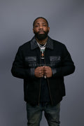 Men's Straight Cut Leather And Wool Jacket [Black]