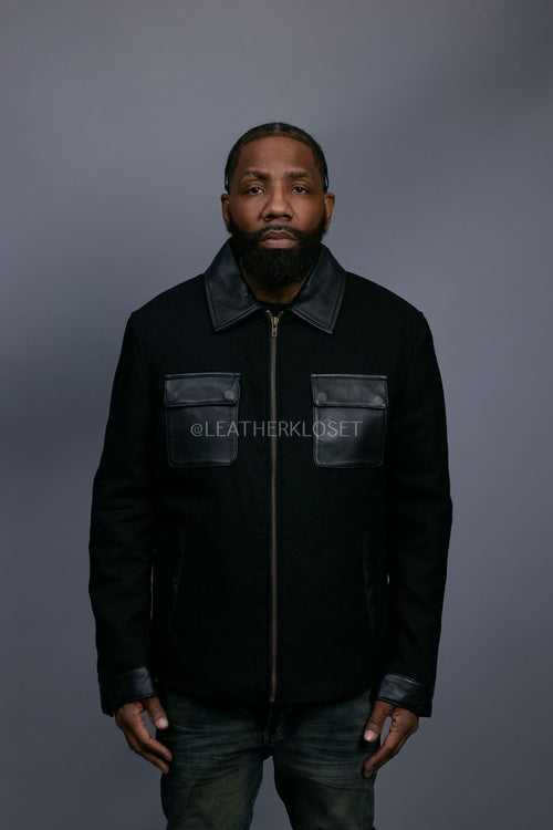 Men's Straight Cut Leather And Wool Jacket [Black]