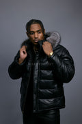 Men’s Alpine Leather Bubble Bomber Jacket [Black/Silver]