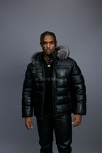 Men’s Alpine Leather Bubble Bomber Jacket [Black/Silver]