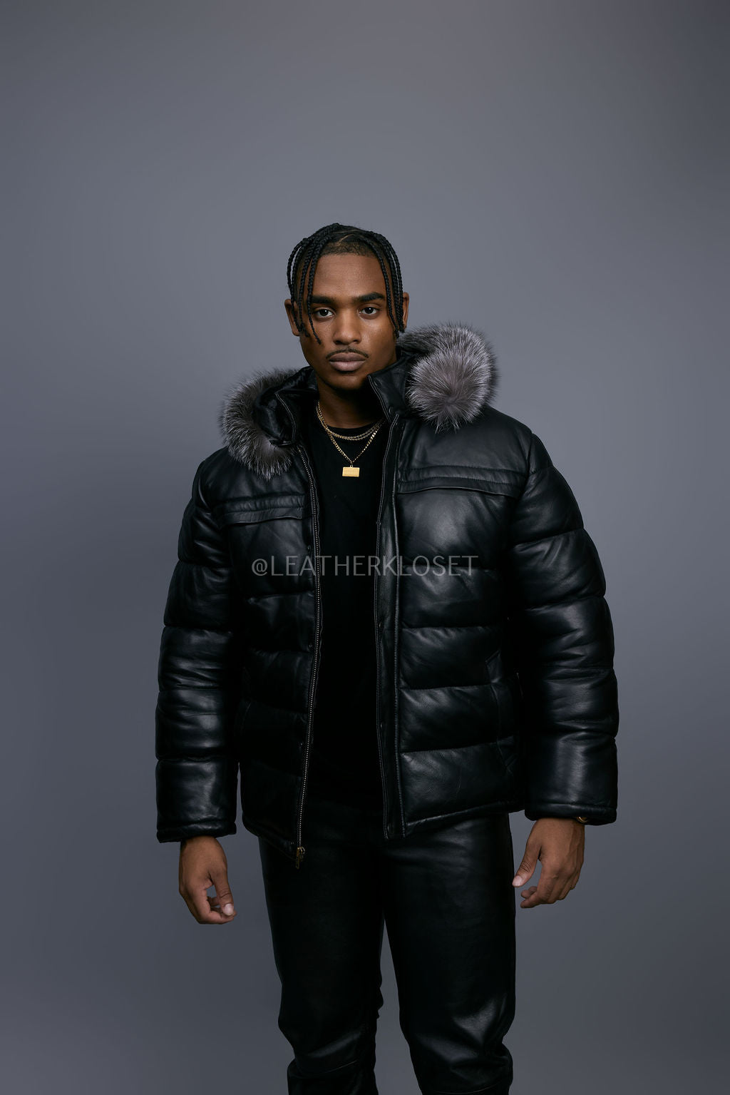 Men’s Alpine Leather Bubble Bomber Jacket [Black/Silver]