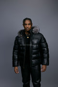 Men’s Alpine Leather Bubble Bomber Jacket [Black/Silver]