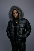 Men’s Alpine Leather Bubble Bomber Jacket [Black/Silver]