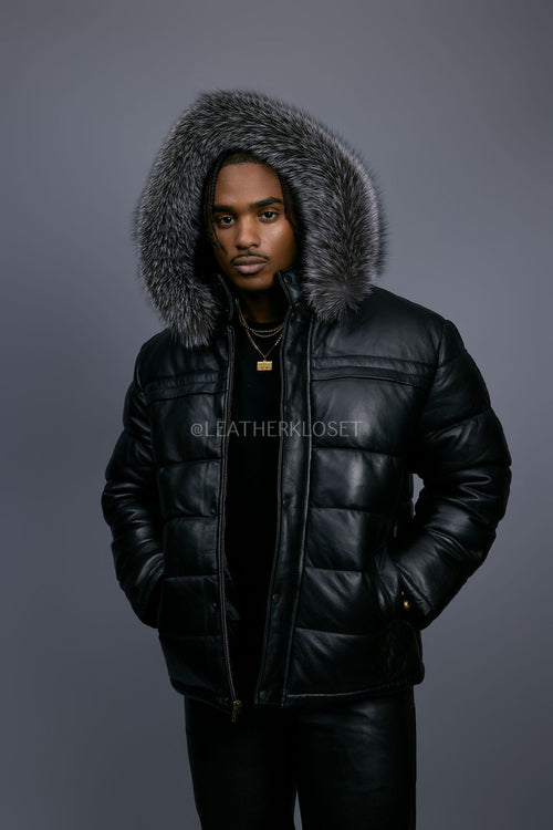 Men’s Alpine Leather Bubble Bomber Jacket [Black/Silver]