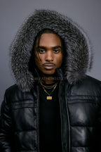 Men’s Alpine Leather Bubble Bomber Jacket [Black/Silver]