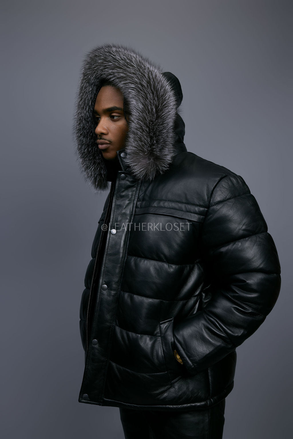 Men’s Alpine Leather Bubble Bomber Jacket [Black/Silver]