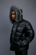 Men’s Alpine Leather Bubble Bomber Jacket [Black/Silver]