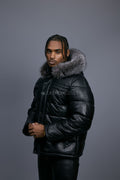 Men’s Alpine Leather Bubble Bomber Jacket [Black/Silver]