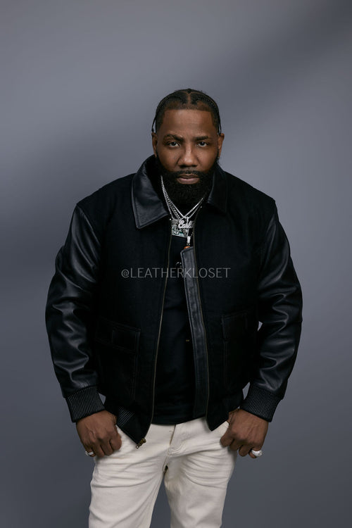 Men's Wool And Leather Pilot Jacket [Black]