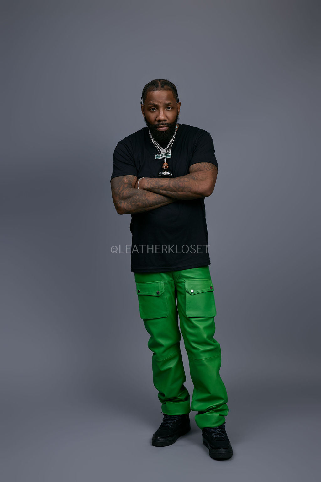 Men's Leather Cargo Jean Pants [Green]