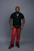 Men's Leather Cargo Jean Pants [Red]