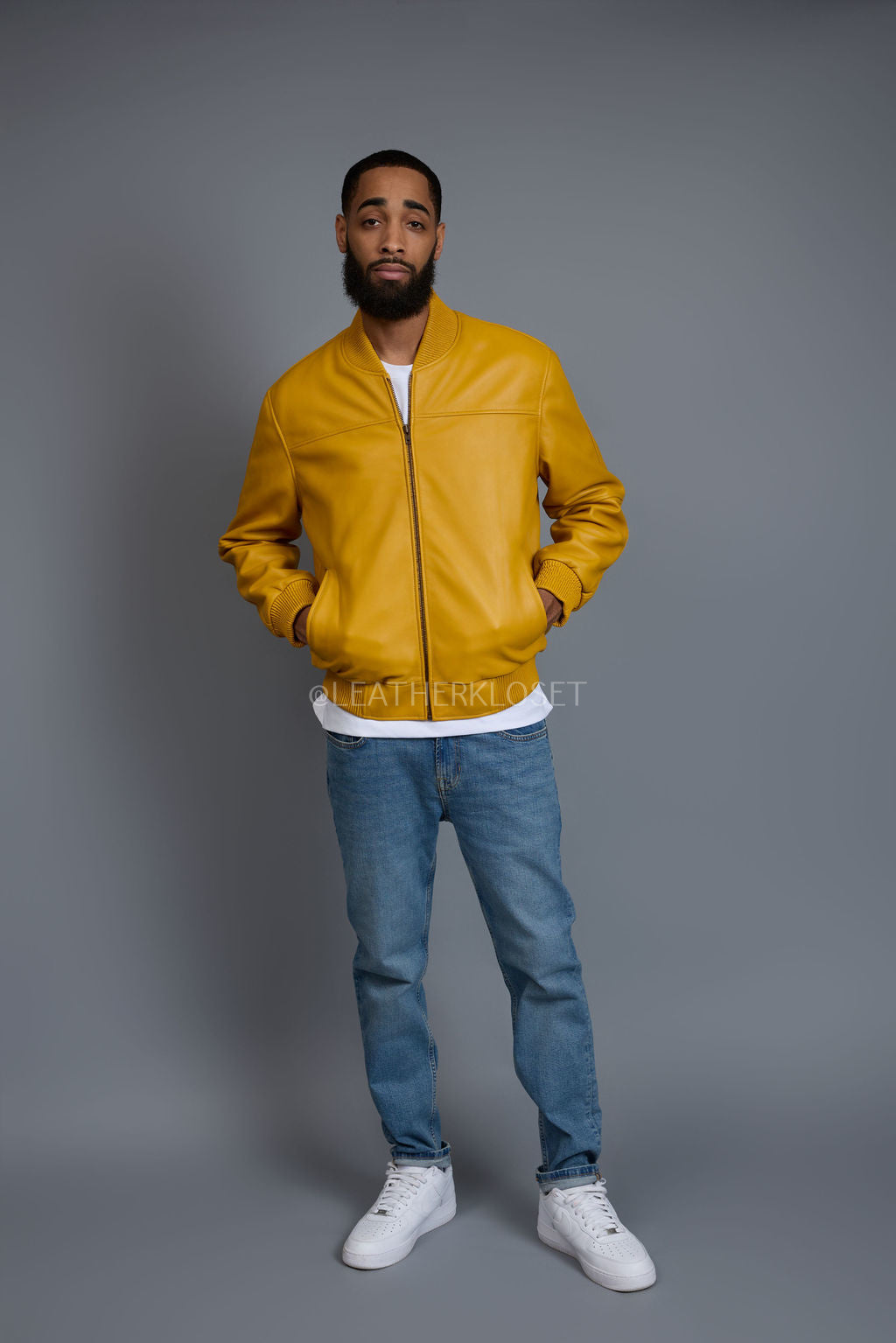 Men's Classic Leather Baseball Jacket [Yellow]