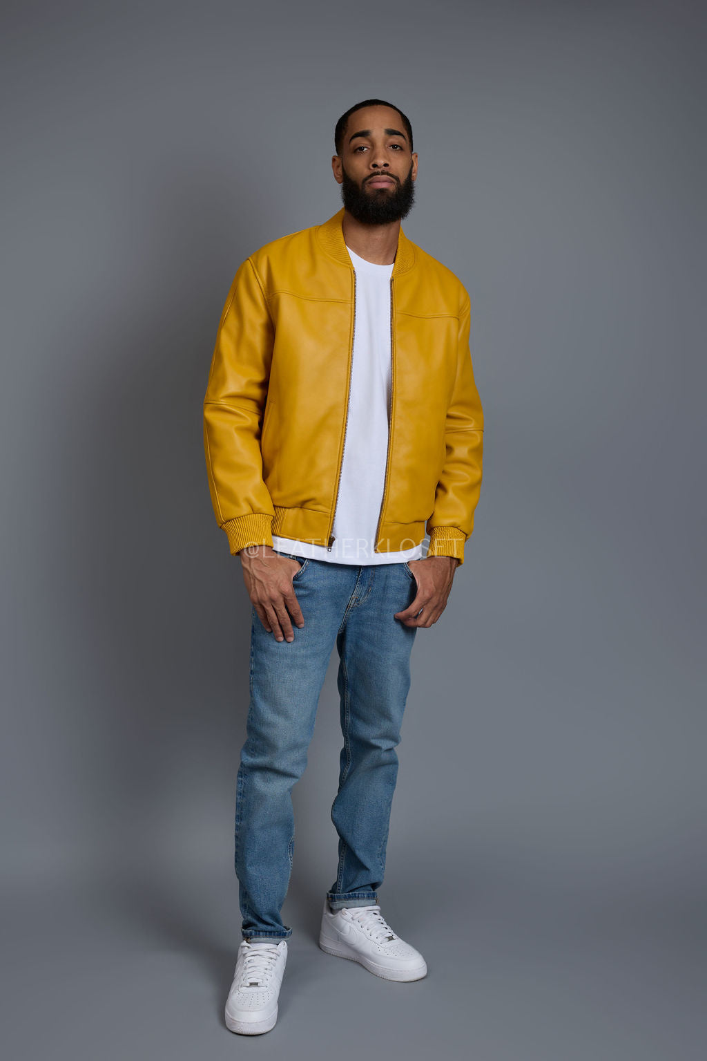 Men's Classic Leather Baseball Jacket [Yellow]