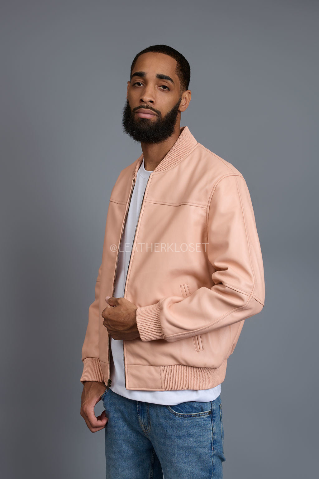 Men's Classic Baseball Leather Jacket [Baby Pink]