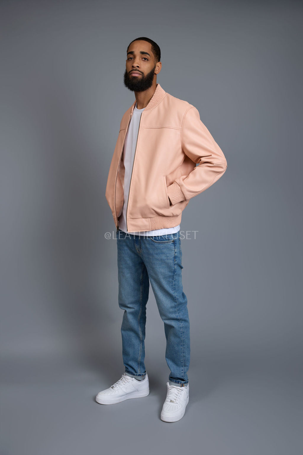 Men's Classic Baseball Leather Jacket [Baby Pink]
