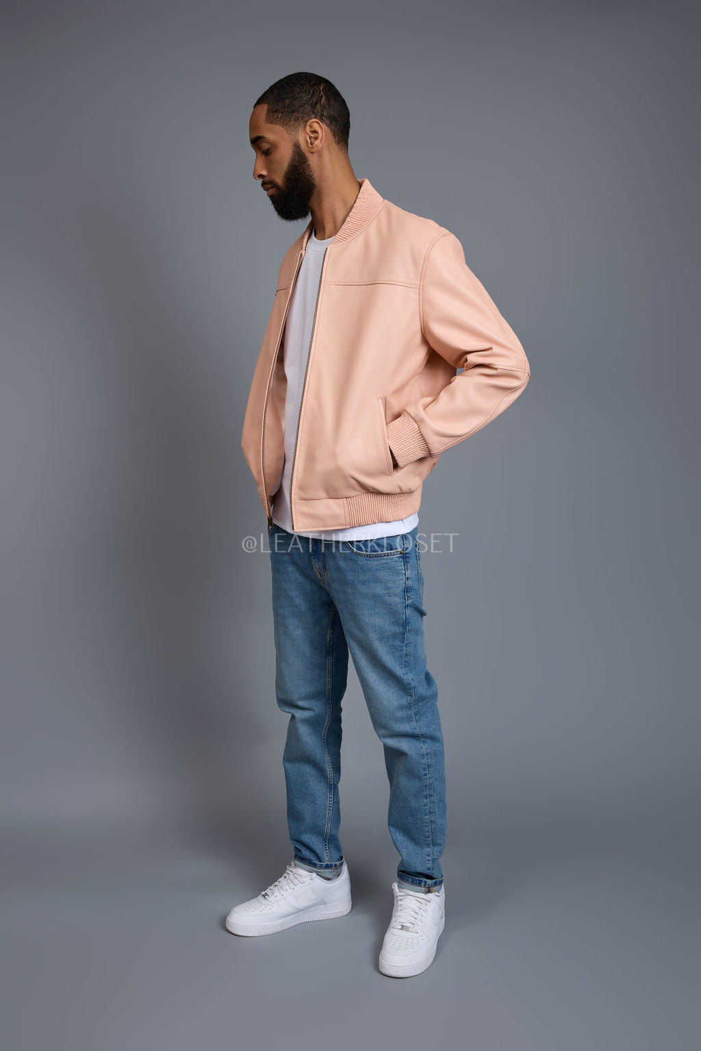 Men's Classic Baseball Leather Jacket [Baby Pink]