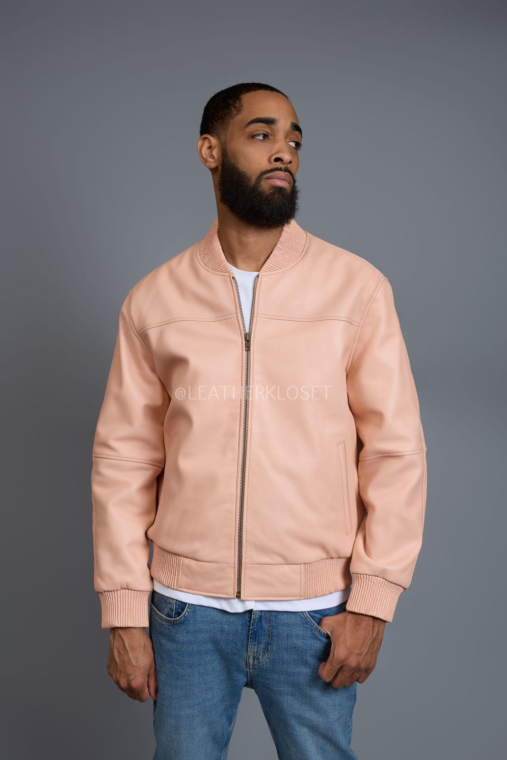Men's Classic Baseball Leather Jacket [Baby Pink]