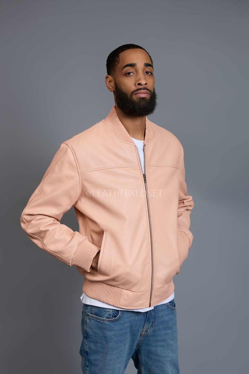 Men's Classic Baseball Leather Jacket [Baby Pink]