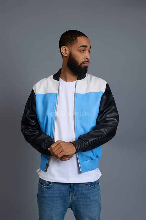 Men's Baseball Multi Color Jacket [Baby Blue/White/Black]